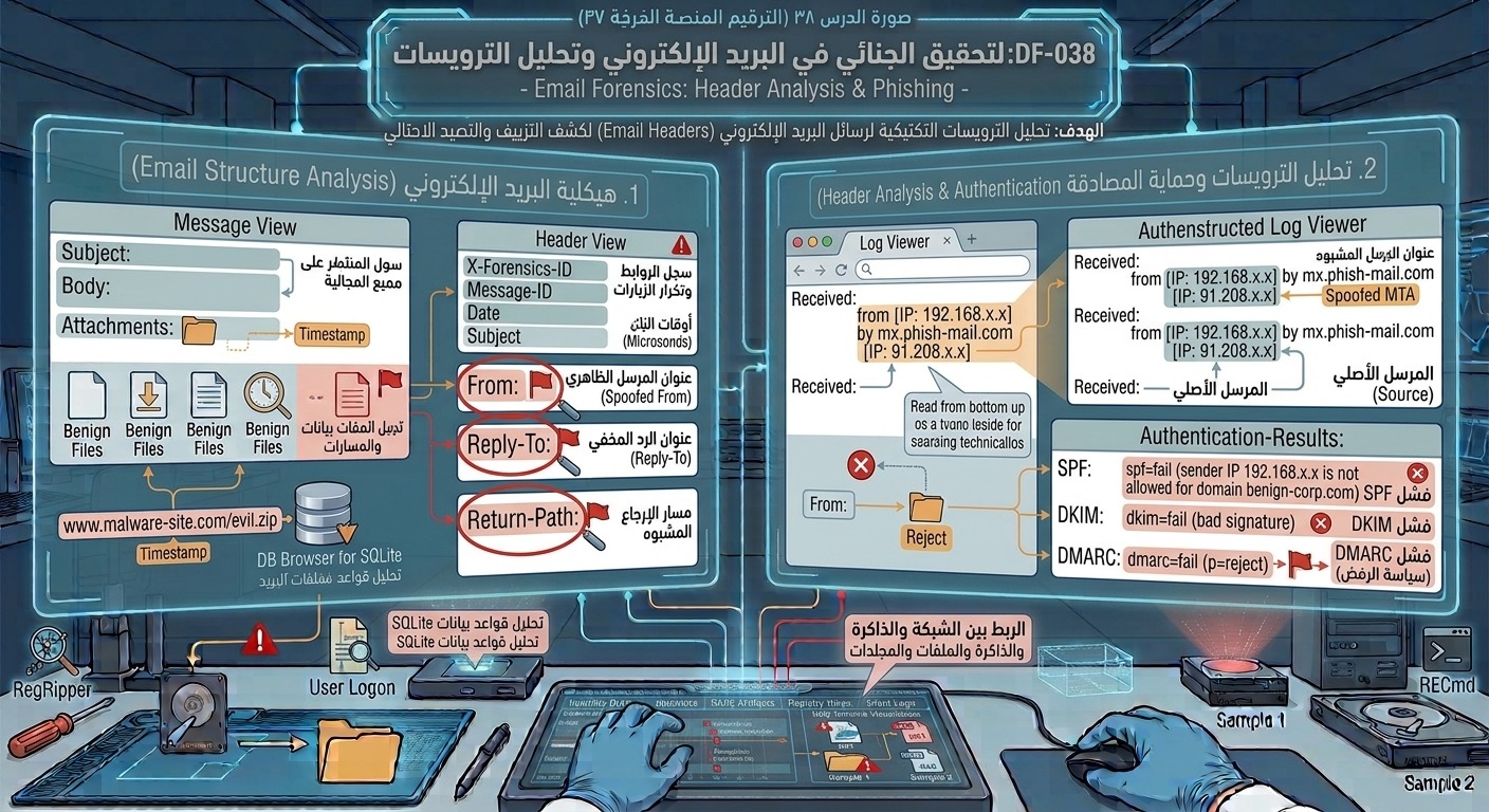 DF-038: التحقيق الجنائي في البريد الإلكتروني وتحليل الترويسات – Email Forensics: Header Analysis & Phishing