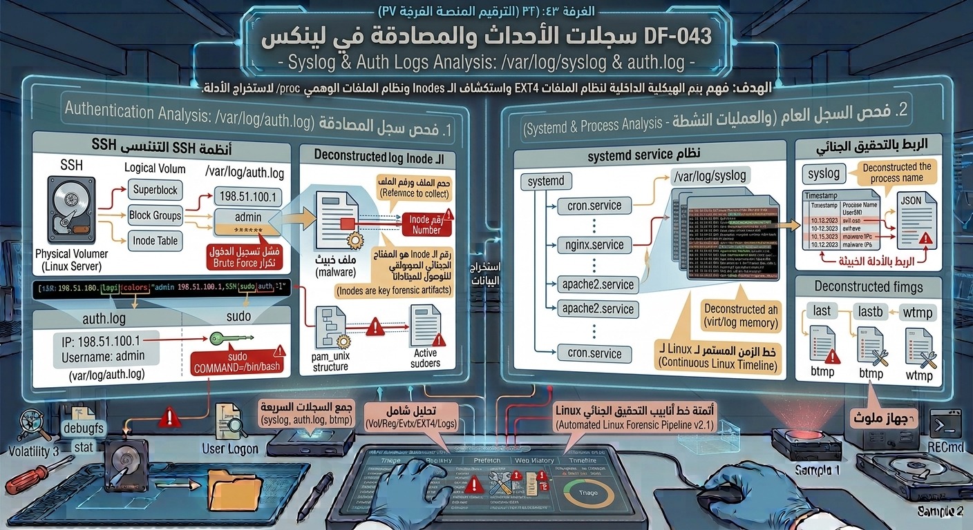 DF-043: تحليل سجلات الأحداث والمصادقة في لينكس – Syslog & Auth Logs Analysis: /var/log/syslog & auth.log
