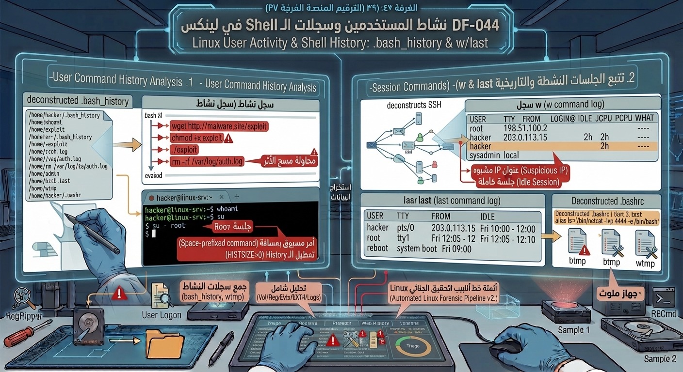 DF-044: تحليل نشاط المستخدمين وسجلات الـ Shell في لينكس – Linux User Activity & Shell History: .bash_history & w/last