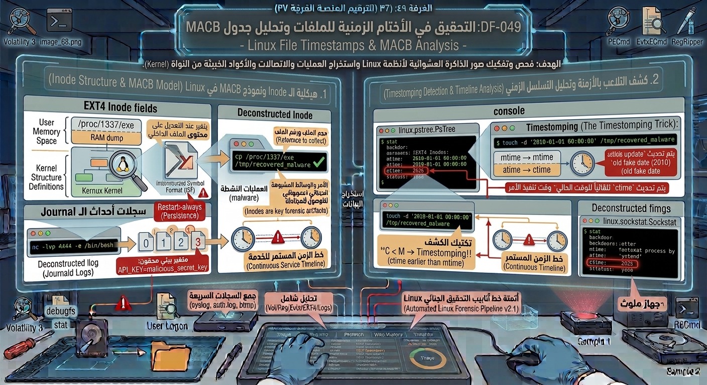DF-049: التحقيق في الأختام الزمنية للملفات وتحليل جدول MACB – Linux File Timestamps & MACB Analysis