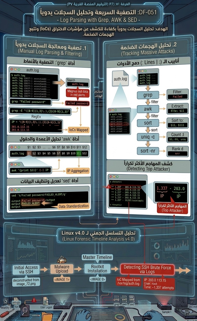 DF-051: التصفية السريعة وتحليل السجلات يدوياً – Log Parsing with Grep, AWK & SED