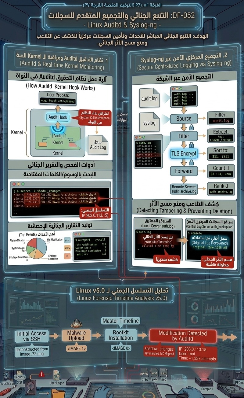 DF-052: التتبع الجنائي والتجميع المتقدم للسجلات – Linux Auditd & Syslog-ng