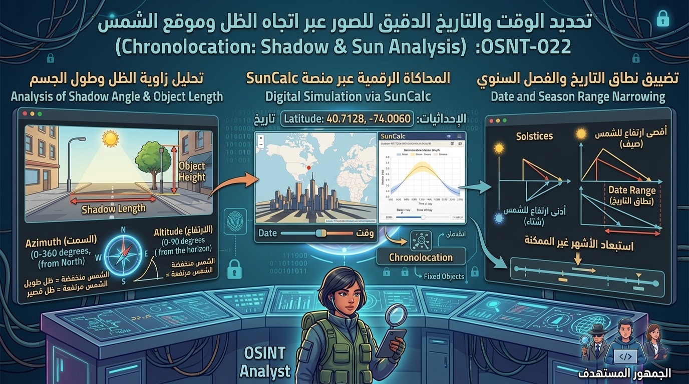 OSNT-022: تحديد الوقت والتاريخ الدقيق للصور عبر اتجاه الظل وموقع الشمس (Chronolocation: Shadow & Sun Analysis)